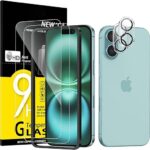 NEW'C 2 x Protector Pantalla para iPhone 16 (6,1 Pulgadas) y 2 x Protector Pantalla Protector de Lente de Cámara - Cristal Templado - Ultra Resistente - Herramienta de instalación fácil incluida