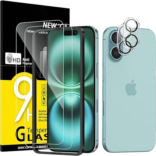 NEW'C 2 x Protector Pantalla para iPhone 16 (6,1 Pulgadas) y 2 x Protector Pantalla Protector de Lente de Cámara - Cristal Templado - Ultra Resistente - Herramienta de instalación fácil incluida
